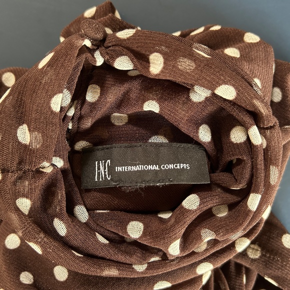 INC Fitted Stretchy Brown Mesh Polka Dot Long Sleeve High Roched Neckline Blouse - Picture 7 of 11
